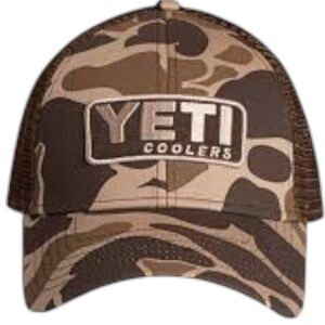 Yeti Coolers camo trucker hat with a mesh back and adjustable snap closure